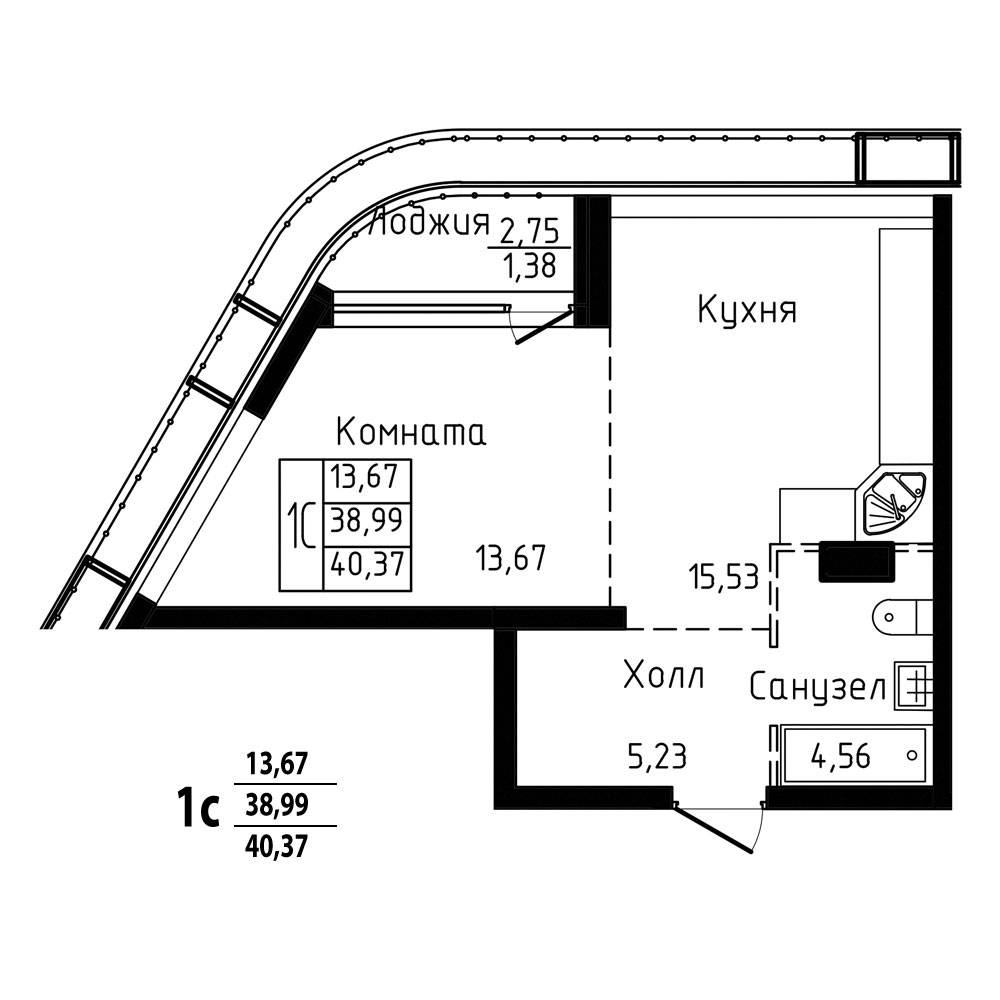 Планировки клубных квартир ГК Новострой Наши проекты Клубный дом "SABUROV RESIDENCE" Квартира-студия № 64